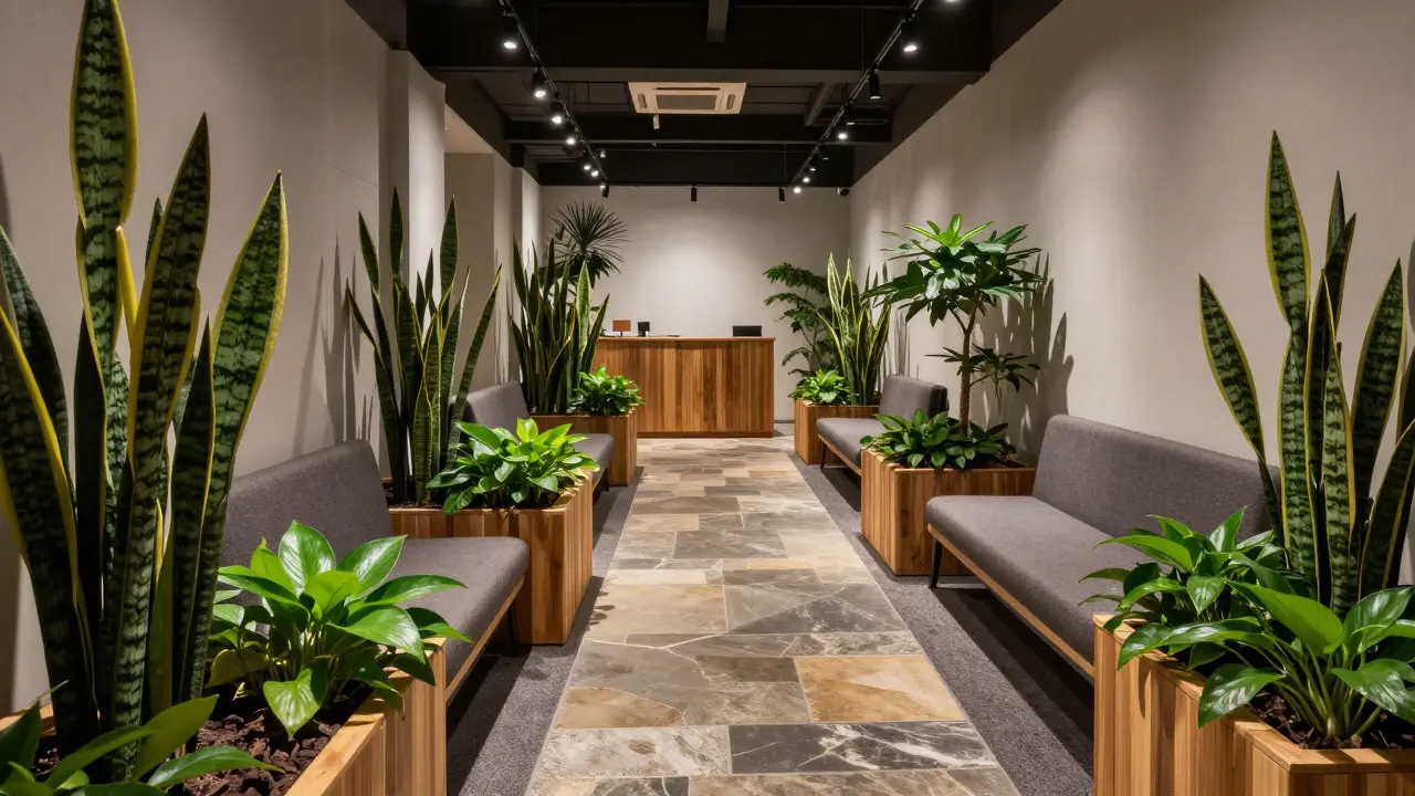 S-curved gallery path with live plants and stone flooring