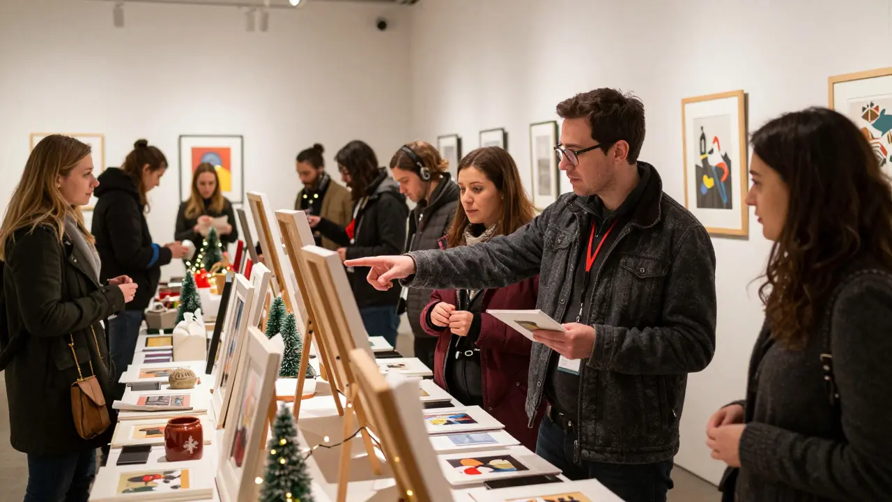 Shoppers browsing small artworks in a busy holiday gallery