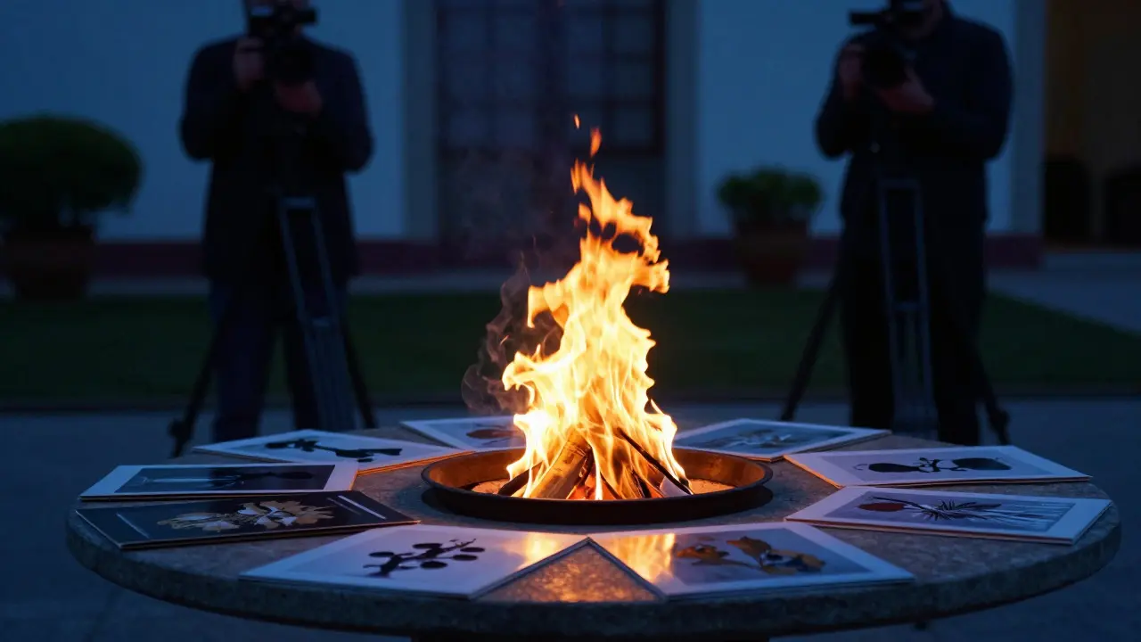 Small controlled fire burning old prints in a metal tray during a documented artist burn
