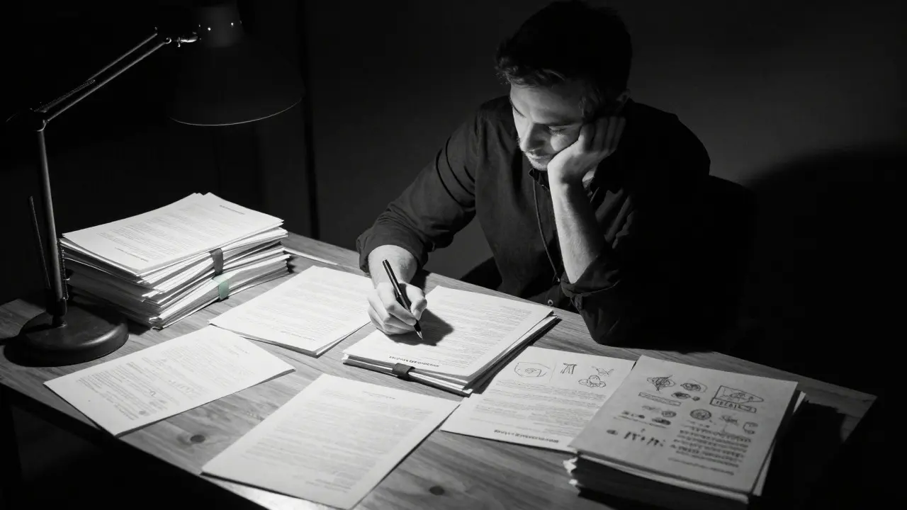 Solo artist at a desk with three stacks of documents tied with colored ribbons in dim light