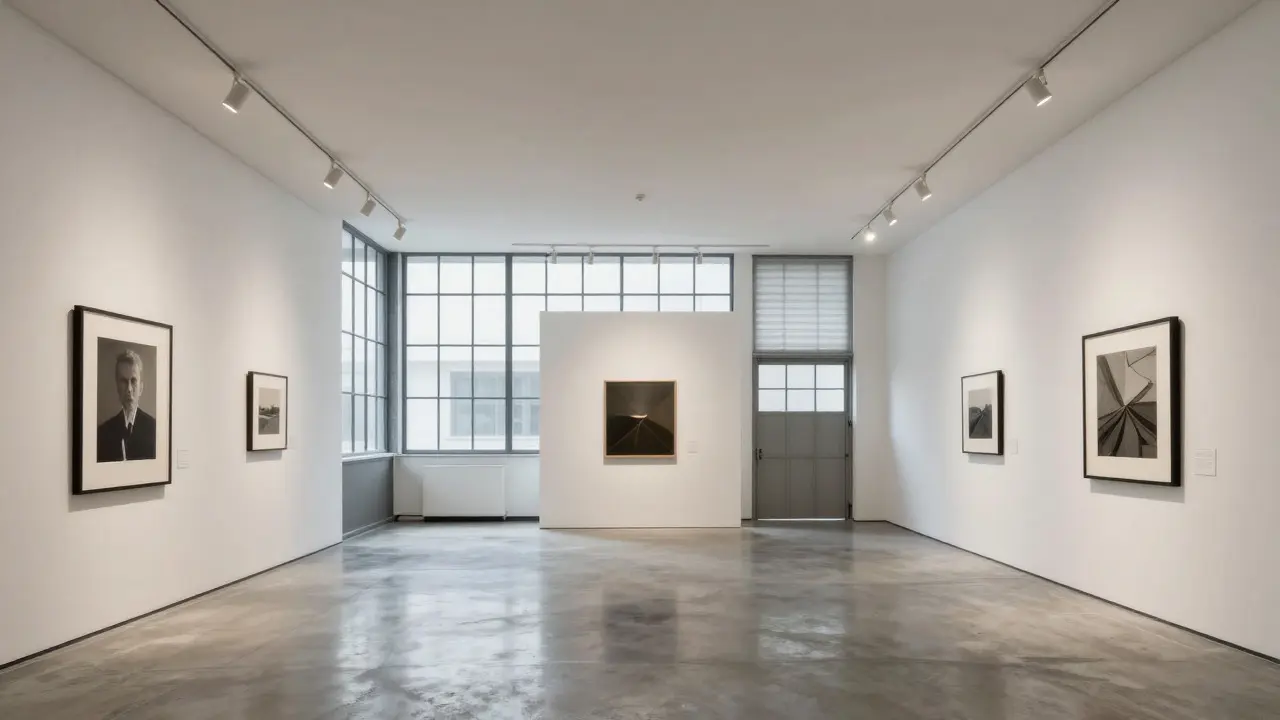 Spacious boutique art gallery interior with high ceilings and professional lighting