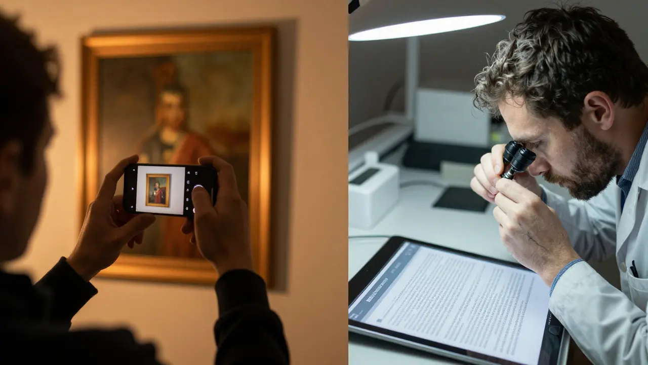 Split screen comparing casual phone photo vs professional conservator examination