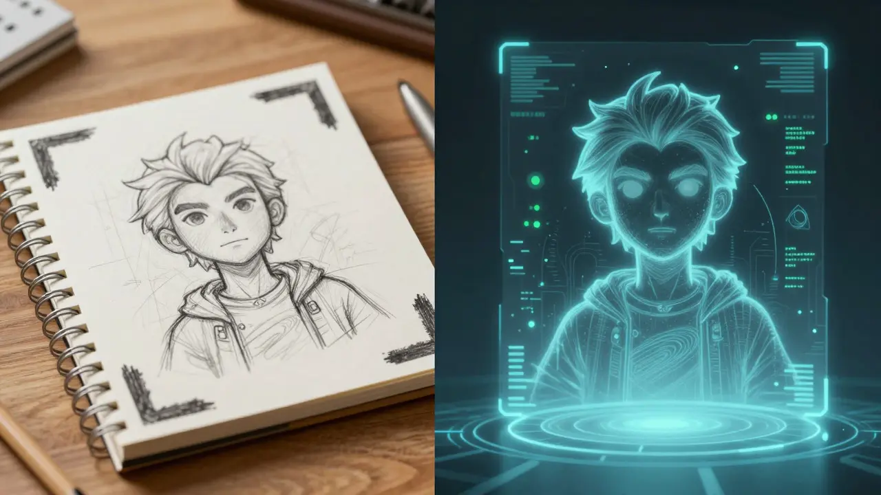 Split view comparing a watermarked sketch on paper with a clean digital render