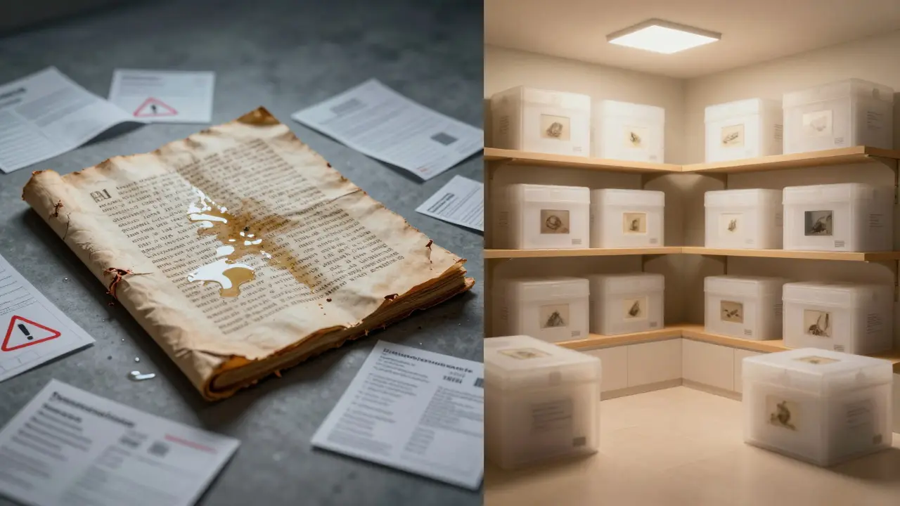 Split view comparing damaged art repair costs with preventive storage