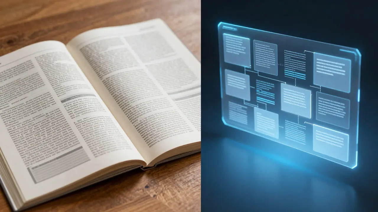 Split view comparing dense print layout with spacious digital interface