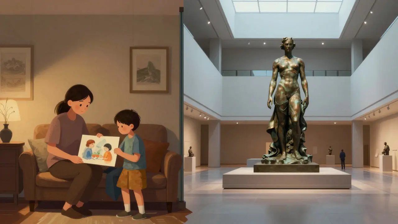 Split view showing a family holding art vs a museum display