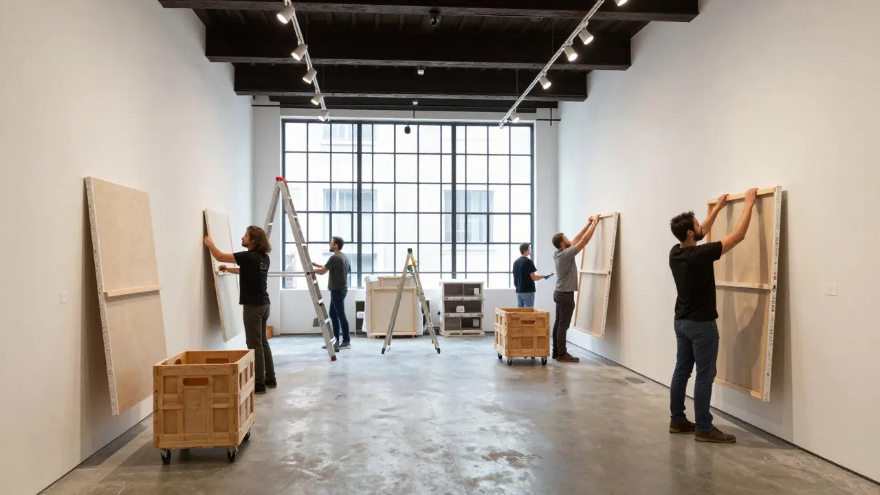 Staff installing new artworks in a busy gallery space