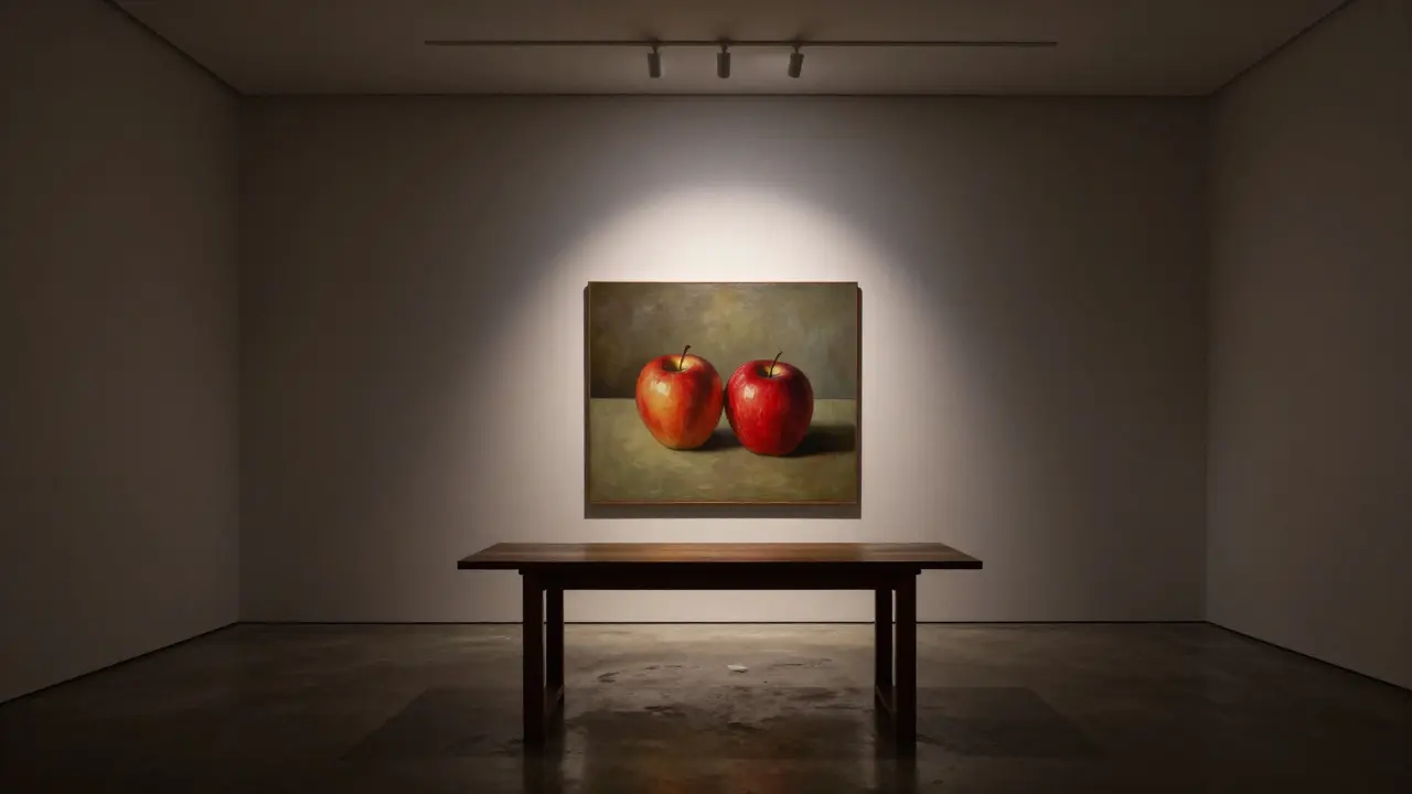 Still life painting illuminated by dramatic chiaroscuro lighting in a gallery
