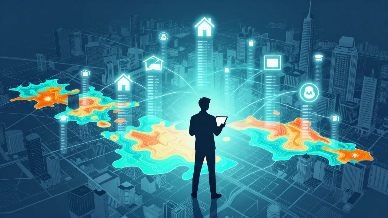 Stylized map with glowing data points illustrating neighborhood demographic analysis