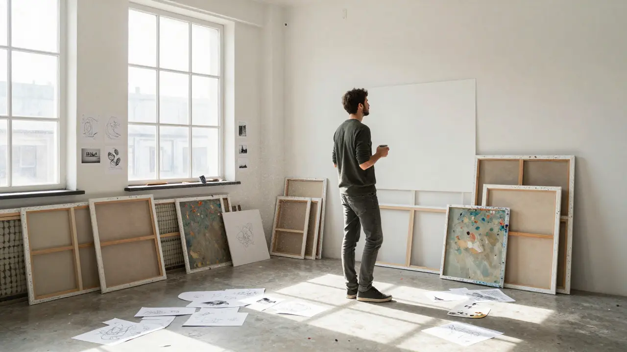 Sunlit art studio filled with sketches and unfinished works, showing the creative process