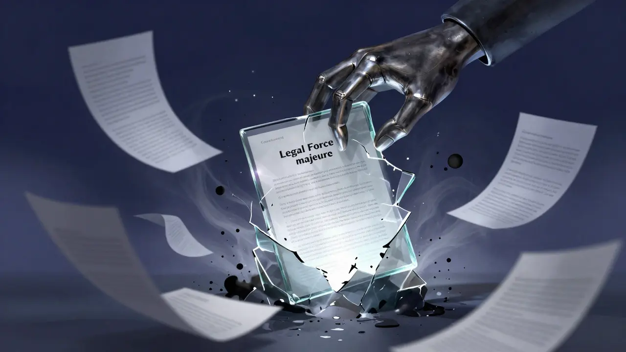 Surreal illustration of a glass contract shattering under pressure, symbolizing force majeure