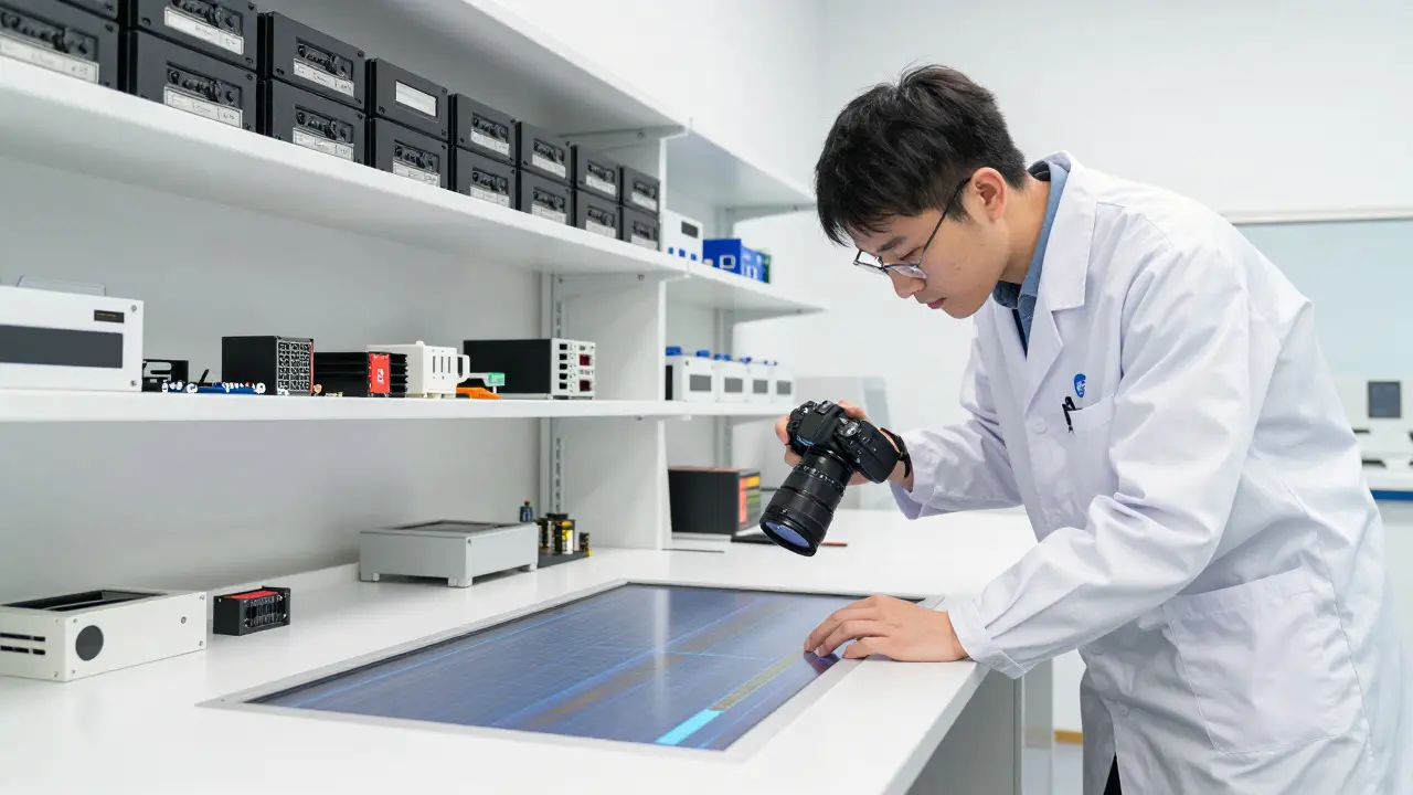 Technician photographing an interactive art piece in a conservation lab