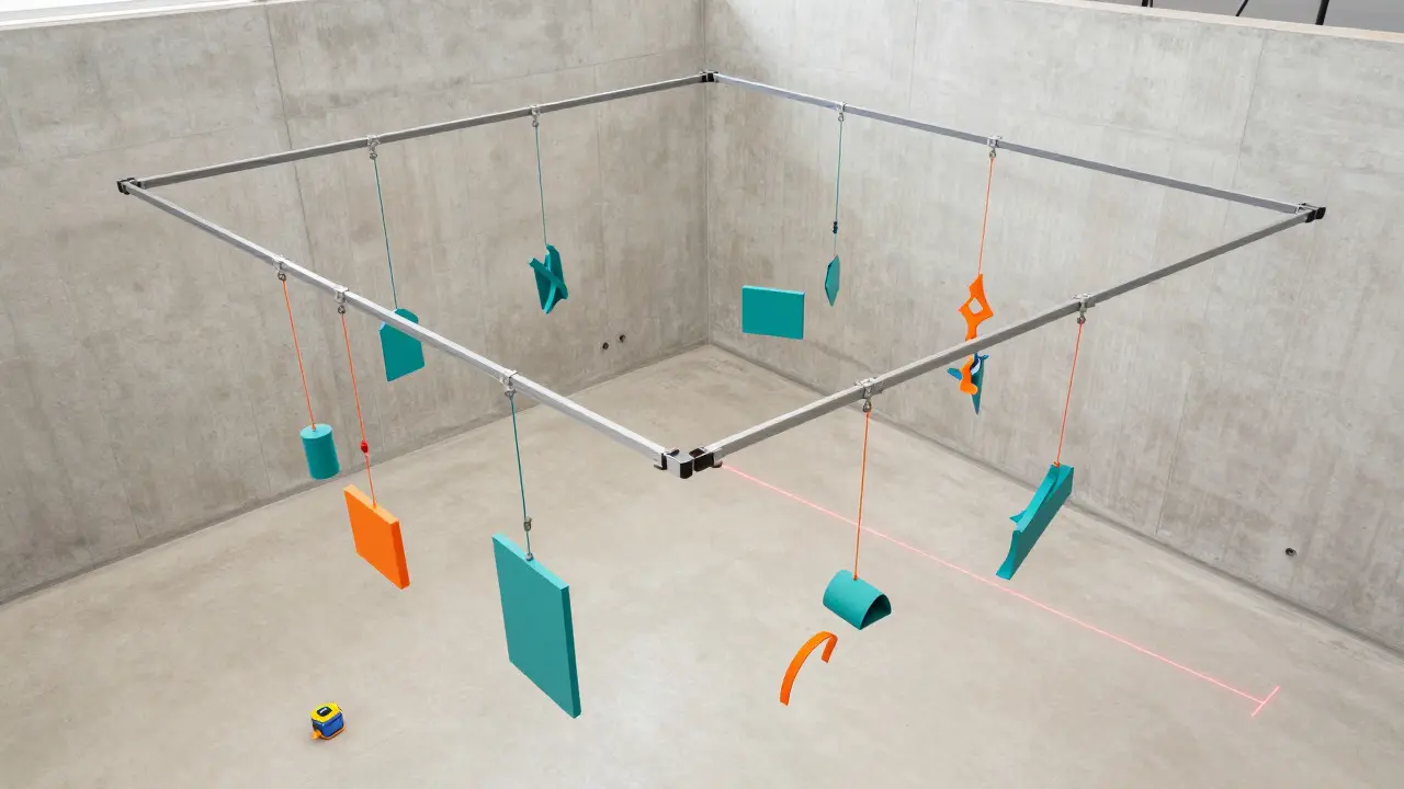 Top-down view of a modular rail and cable hanging system in a studio