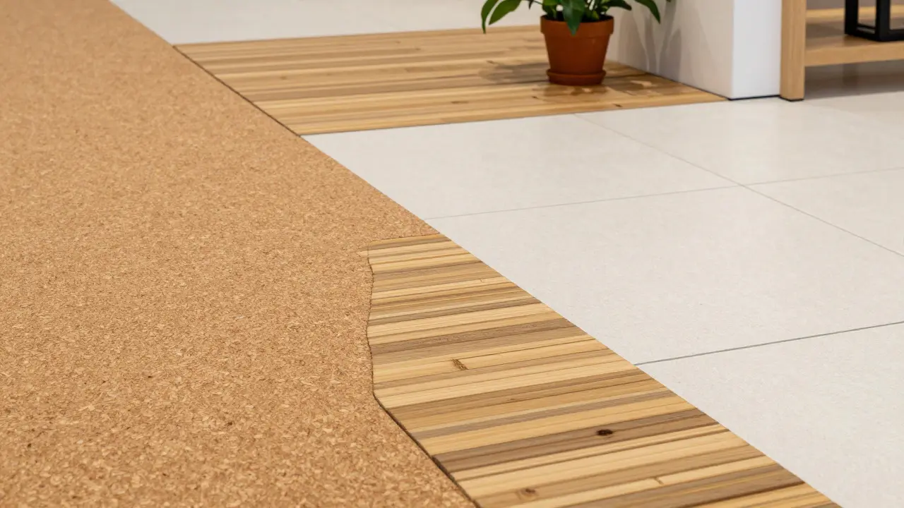 Transition between cork, bamboo, and tile flooring in a sustainable modern gallery setting