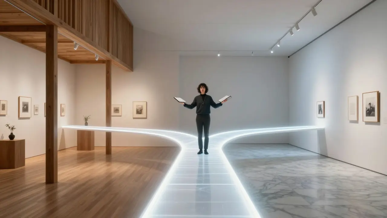 Two different gallery styles connected by a bridge of light with an artist in the center