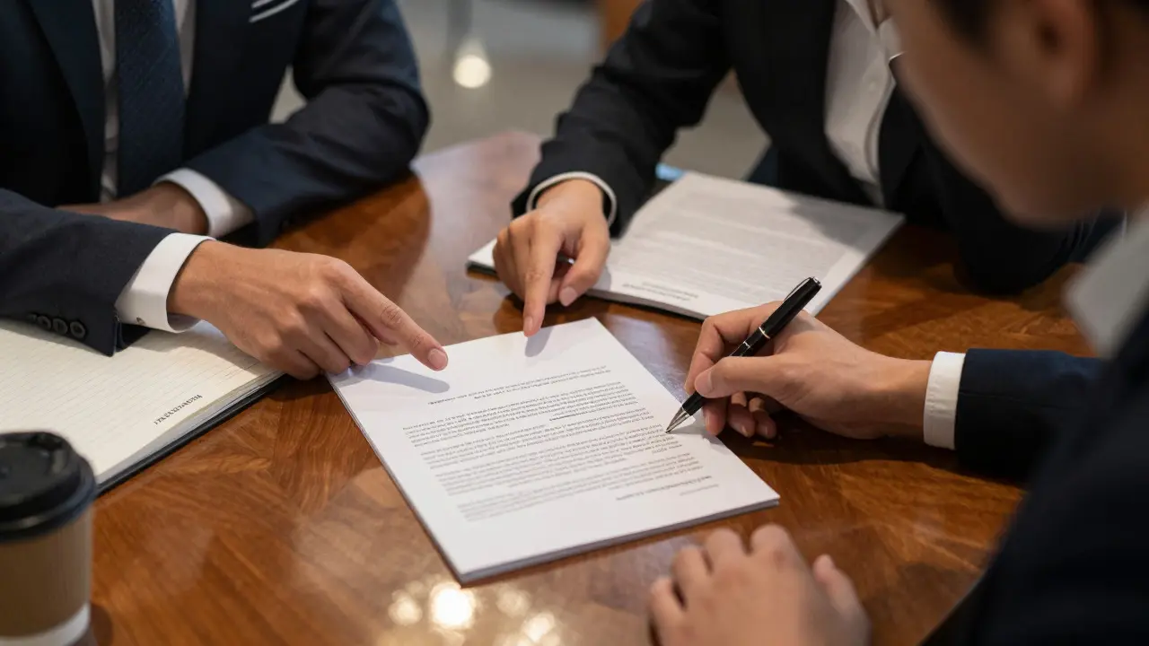 Two professionals negotiating lease terms across a wooden table with contracts