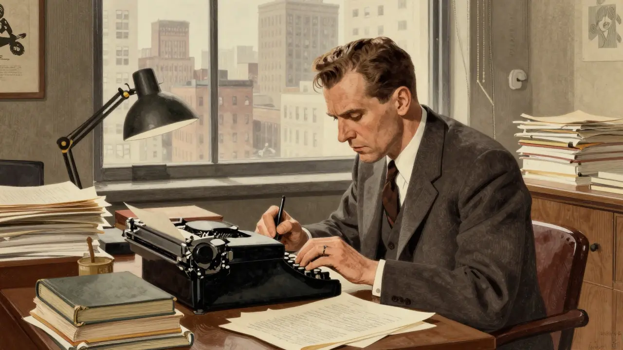 Vintage illustration of a critic writing in a 1950s studio