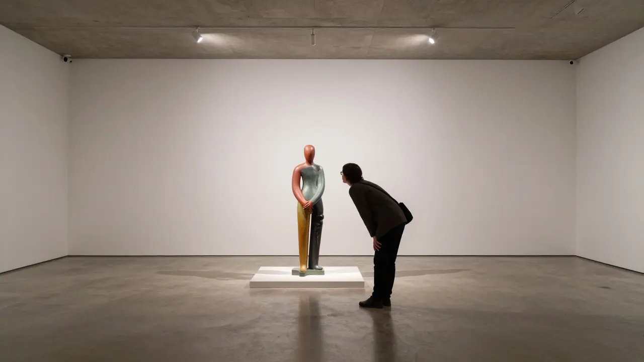 Visitor closely examining a sculpture in a modern gallery