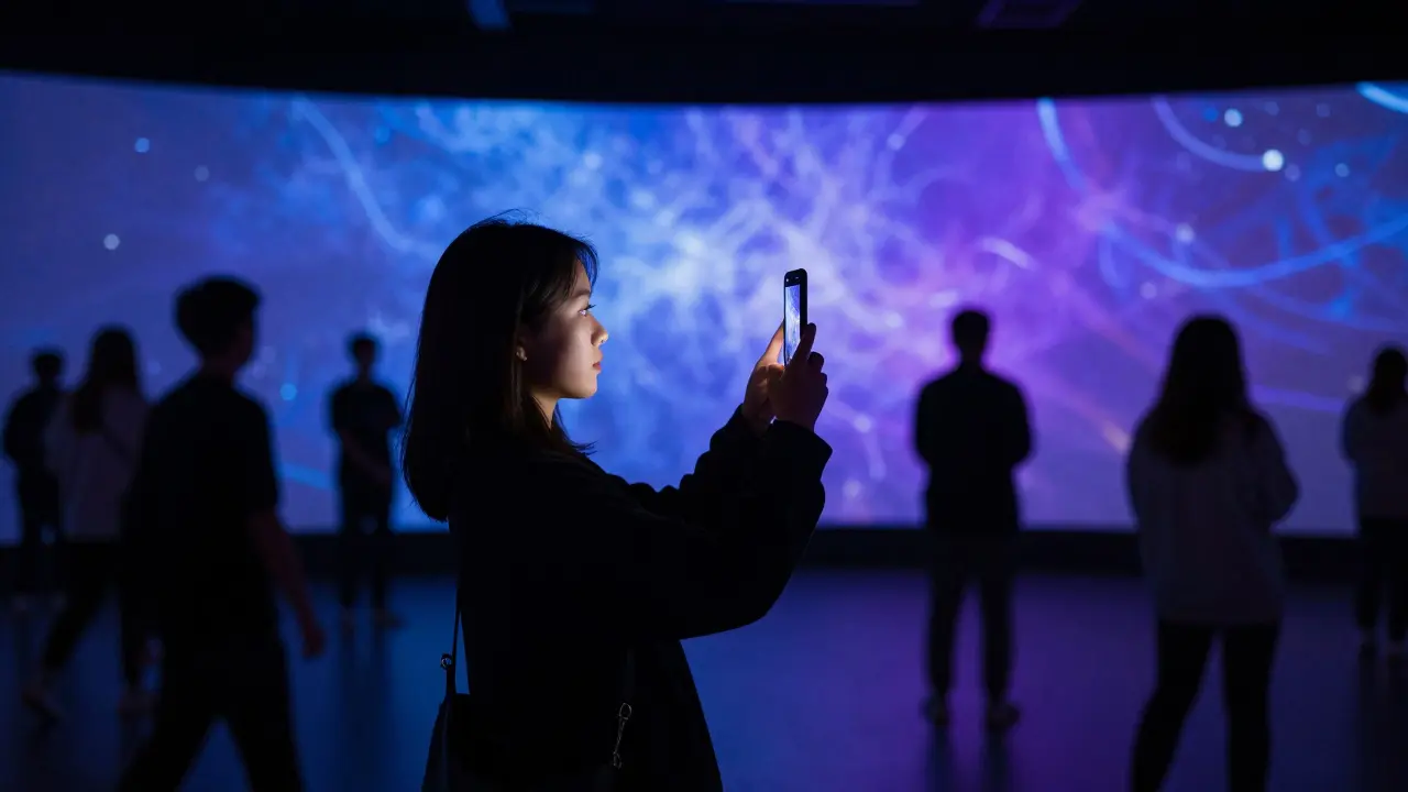 Visitor taking a photo of a glowing digital art installation in a dark room