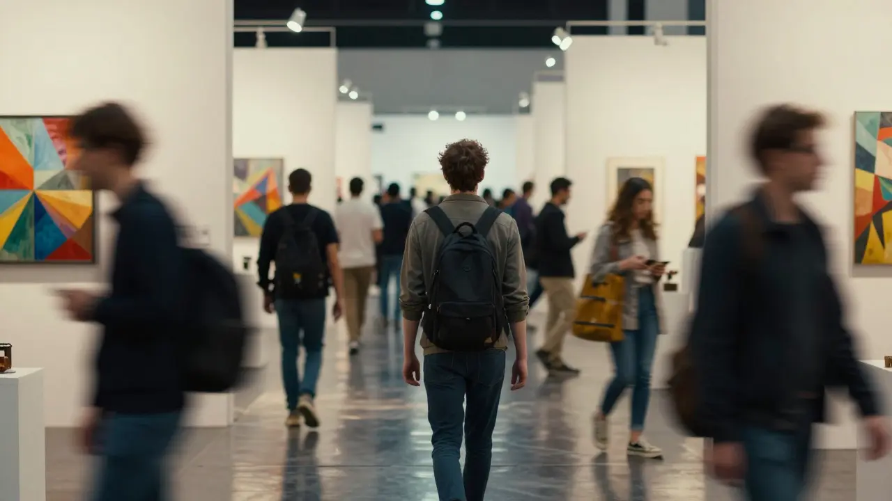 Visitor walking through a blurred, crowded art fair corridor experiencing overwhelm