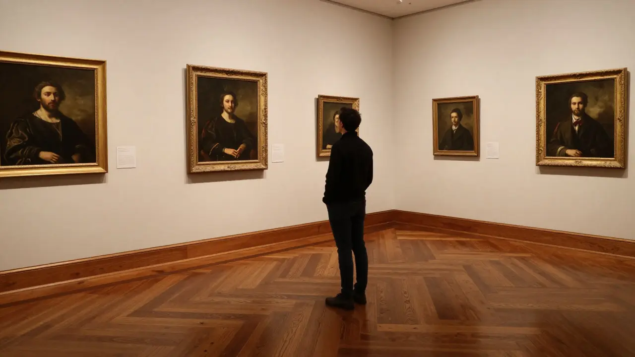 Warm engineered hardwood flooring in a cozy classical art room with soft ambient lighting