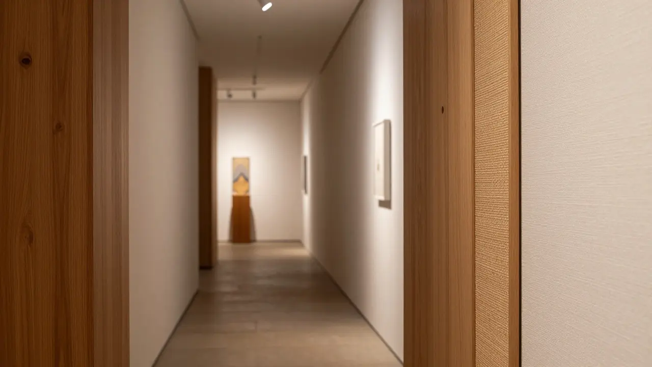 Warm layered lighting highlighting textured wood and fabric walls