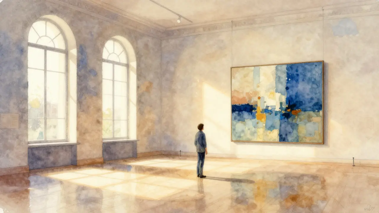 Watercolor painting of a person viewing art in a quiet, sunlit gallery