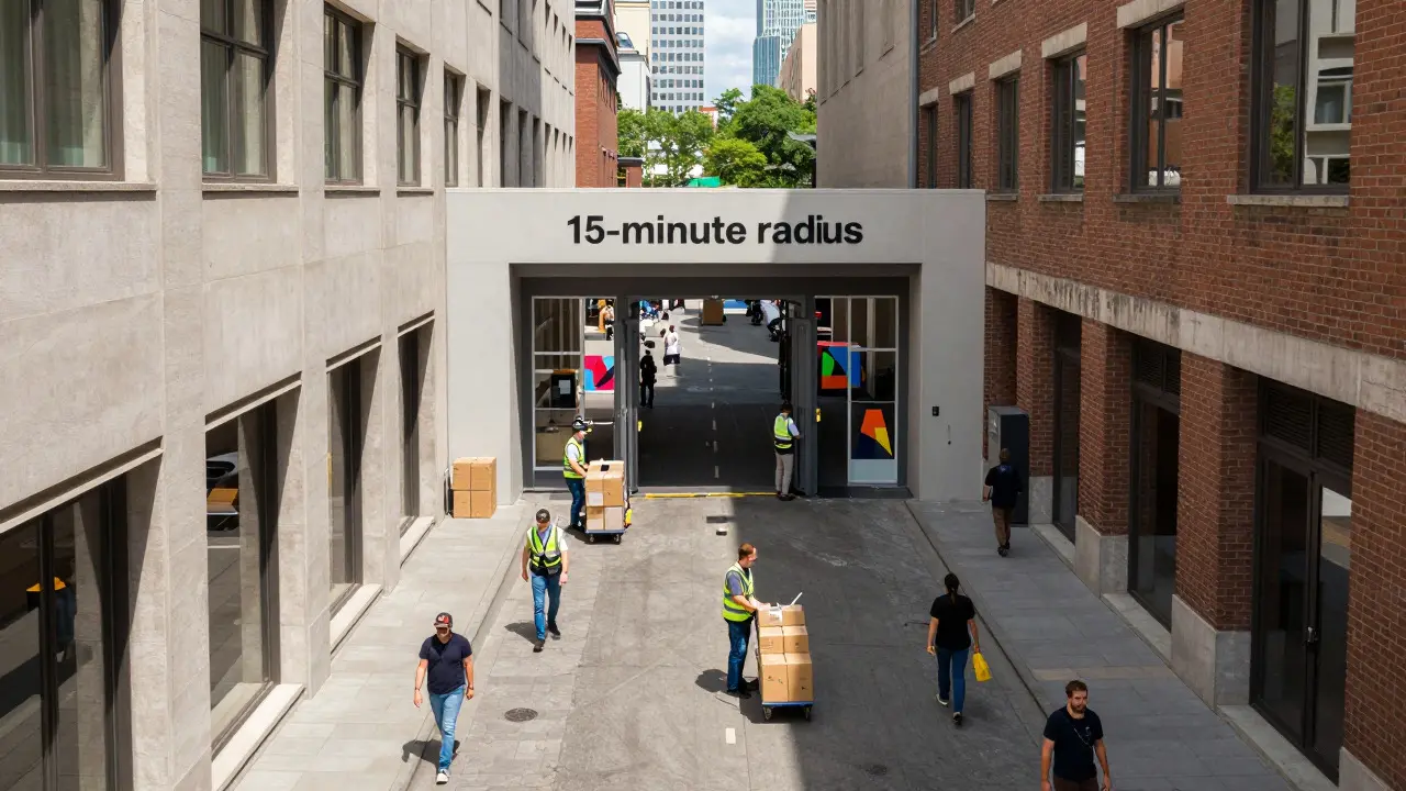 Workers moving crates from a hotel to an art fair loading dock