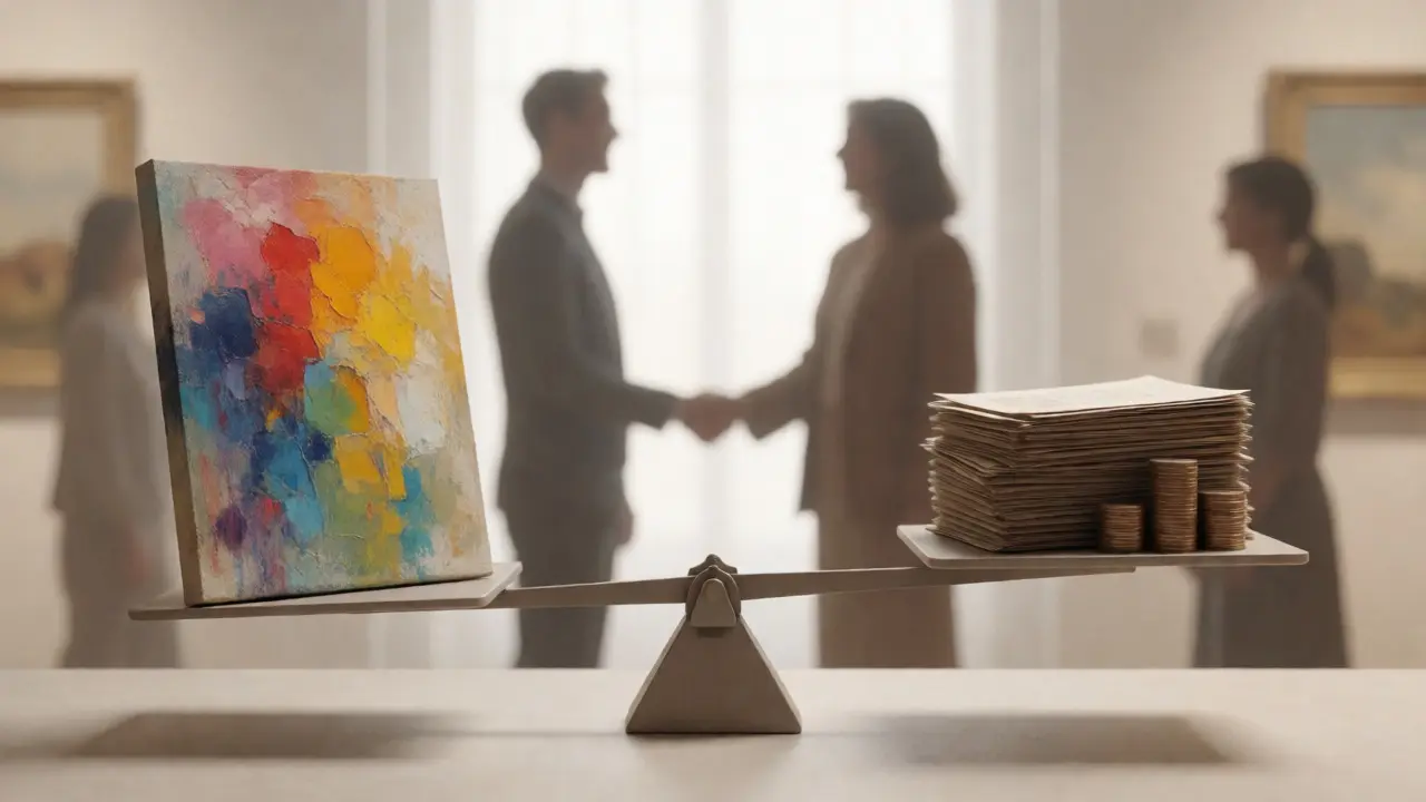 A conceptual image of a balanced scale holding art and money, symbolizing fair pricing and mutual respect in sales.