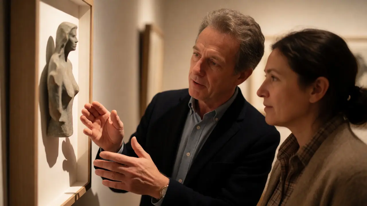 A gallery curator and buyer engage in a transparent, respectful conversation about an artwork's history and value.