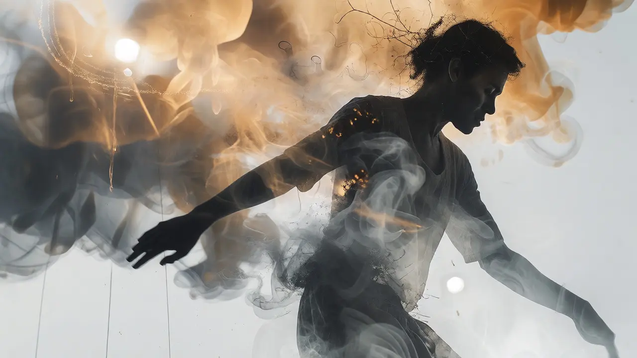 Abstract double exposure of a dancer dissolving into smoke and light
