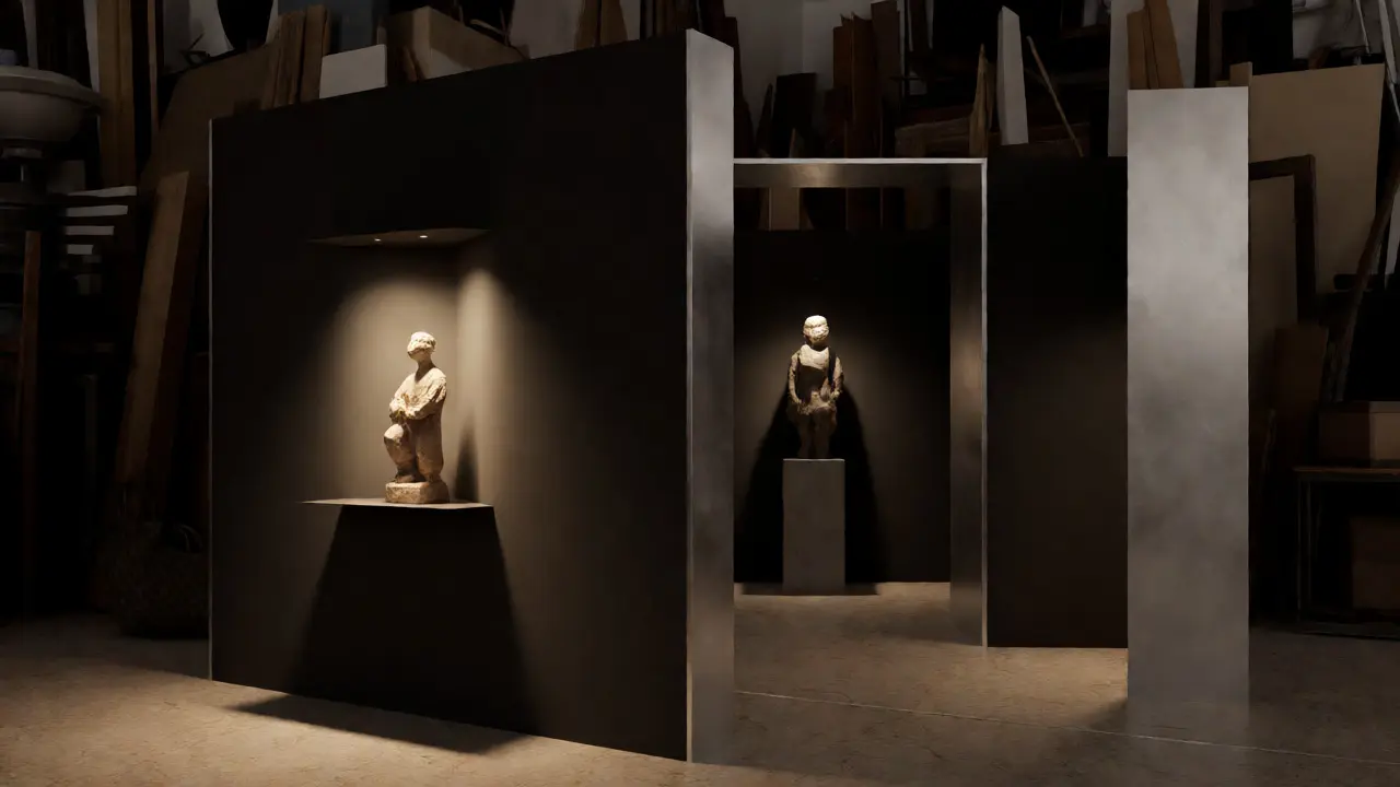 Angled partition and spotlight directing attention to a niche art display