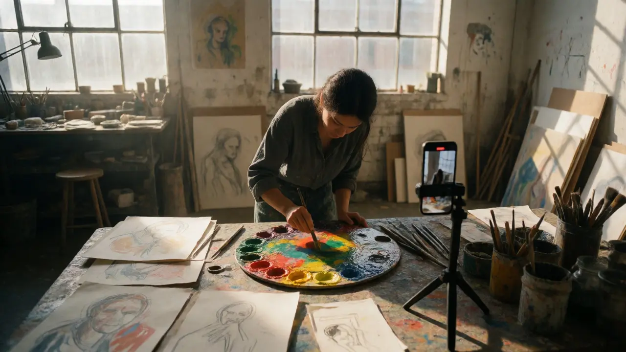 Artist mixing paints in a sunlit studio while recording process video.