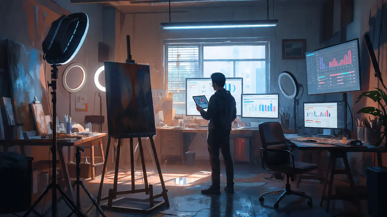 Artist studio filled with recording equipment and screens displaying online engagement metrics.