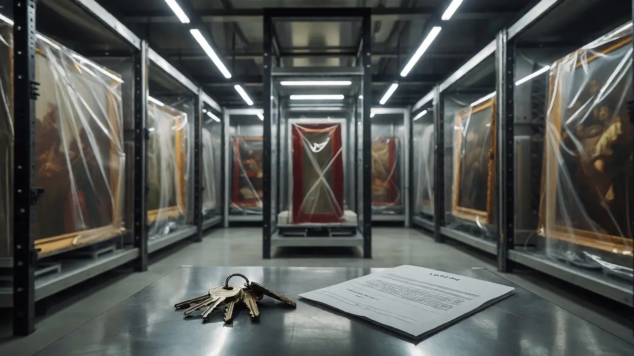 Artworks stored in a secure vault with loan documents nearby