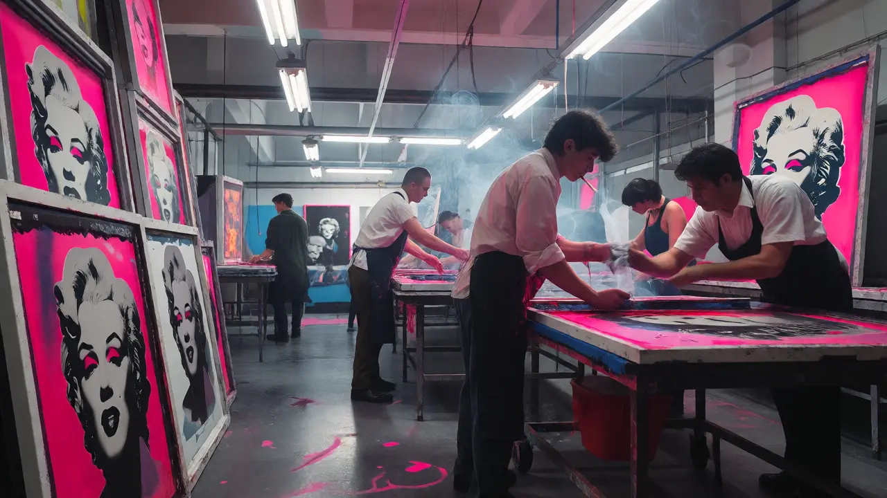Assistants silkscreening celebrity portraits in Warhol's Factory studio.
