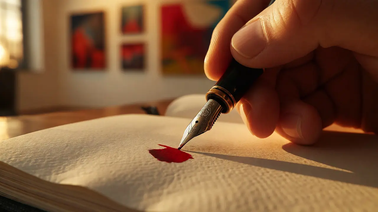 Close-up of a hand writing notes in a notebook with a gallery background.