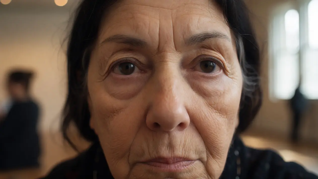 Close-up of an artist's face making intense eye contact with a viewer
