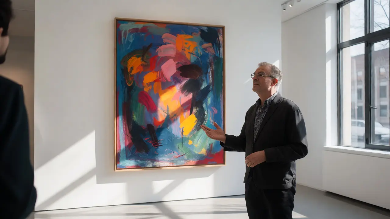 Collector viewing a painting while discussing terms in a gallery