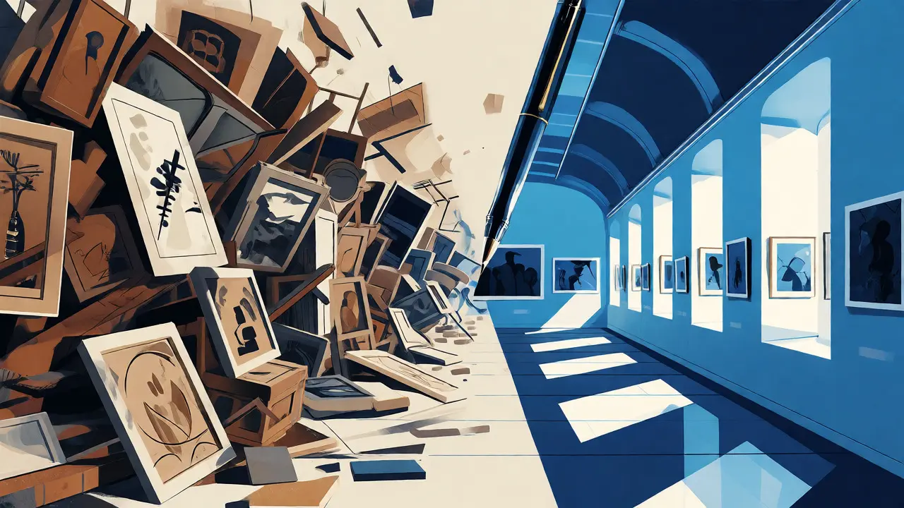 Conceptual image contrasting cluttered art displays with clear, structured pathways.