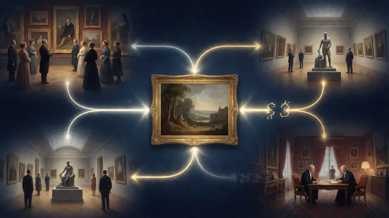 Conceptual visualization of an artwork's provenance timeline with gaps