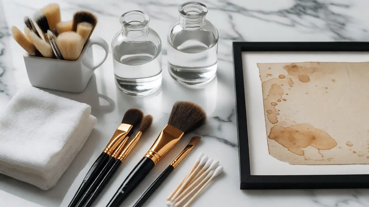 Conservation tools including soft brushes, microfiber cloths, and distilled water on a table.