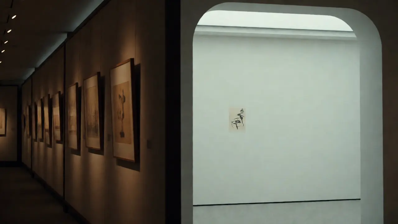Contrast between dense, dark gallery spacing and sparse, bright minimalist display