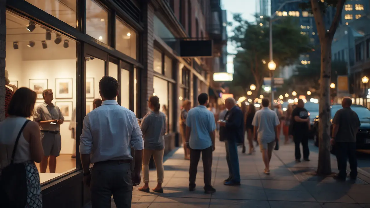 Crowd gathering outside a gallery during an evening event in a lively, accessible neighborhood.