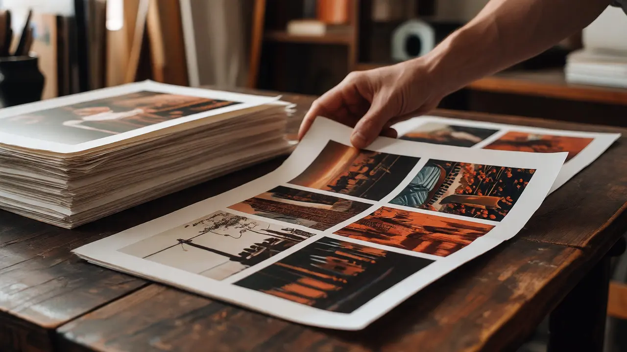 Curating cohesive artwork prints on a table for a portfolio