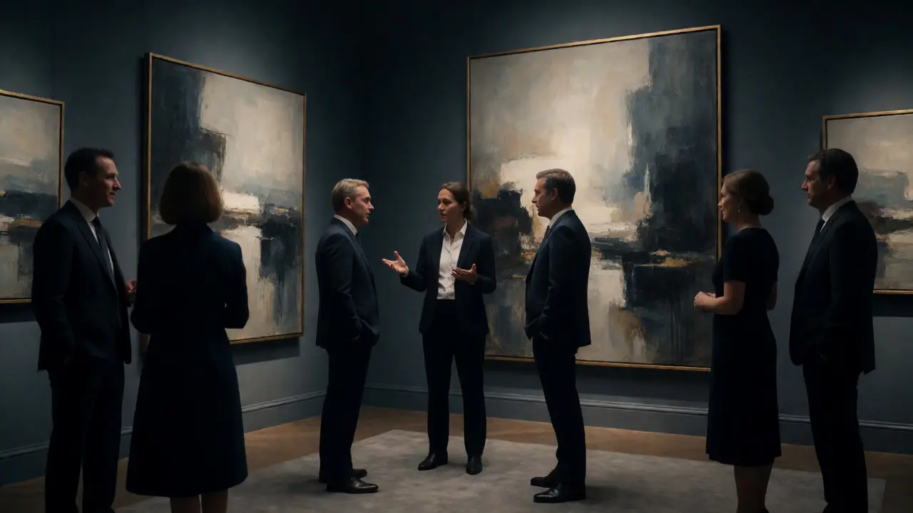 Curator discussing art with collectors in an exclusive, dimly lit gallery