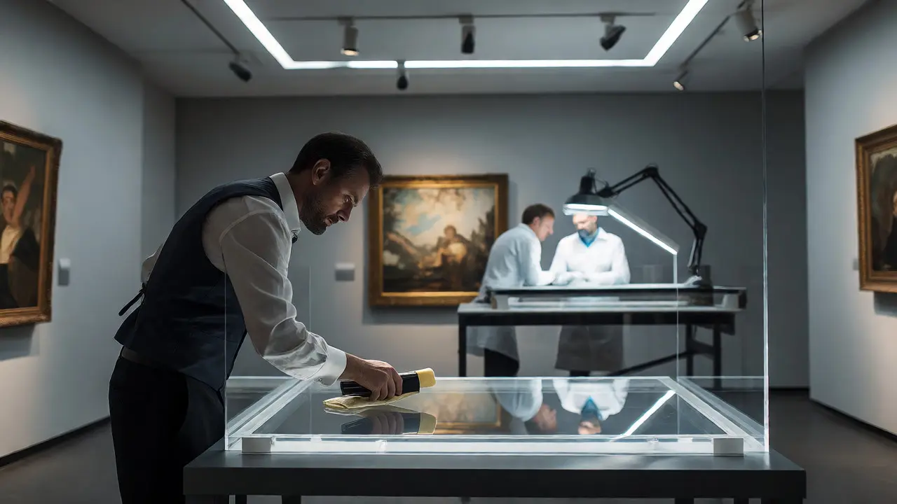 Curator inspecting a framed artwork in a modern, climate-controlled gallery environment.