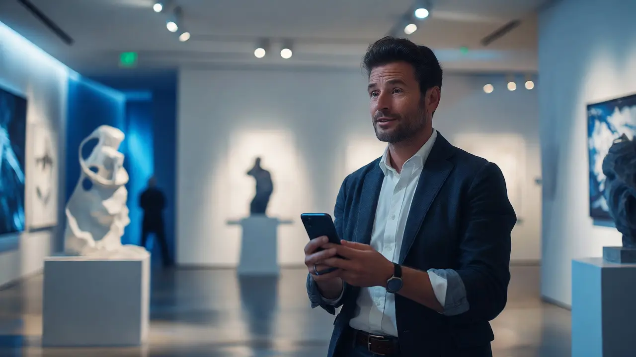Curator responding instantly to inquiries in a sleek, high-end New York art gallery.