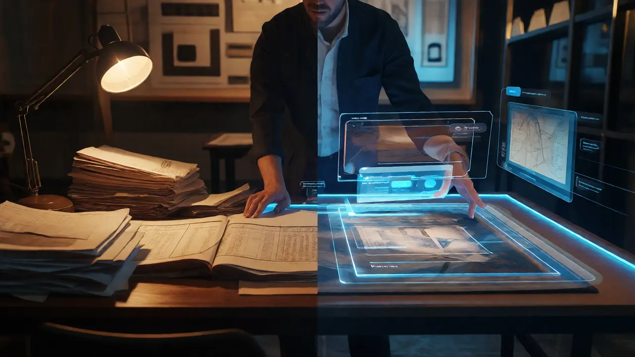Curator viewing AR overlays over artwork contrasting old workflows