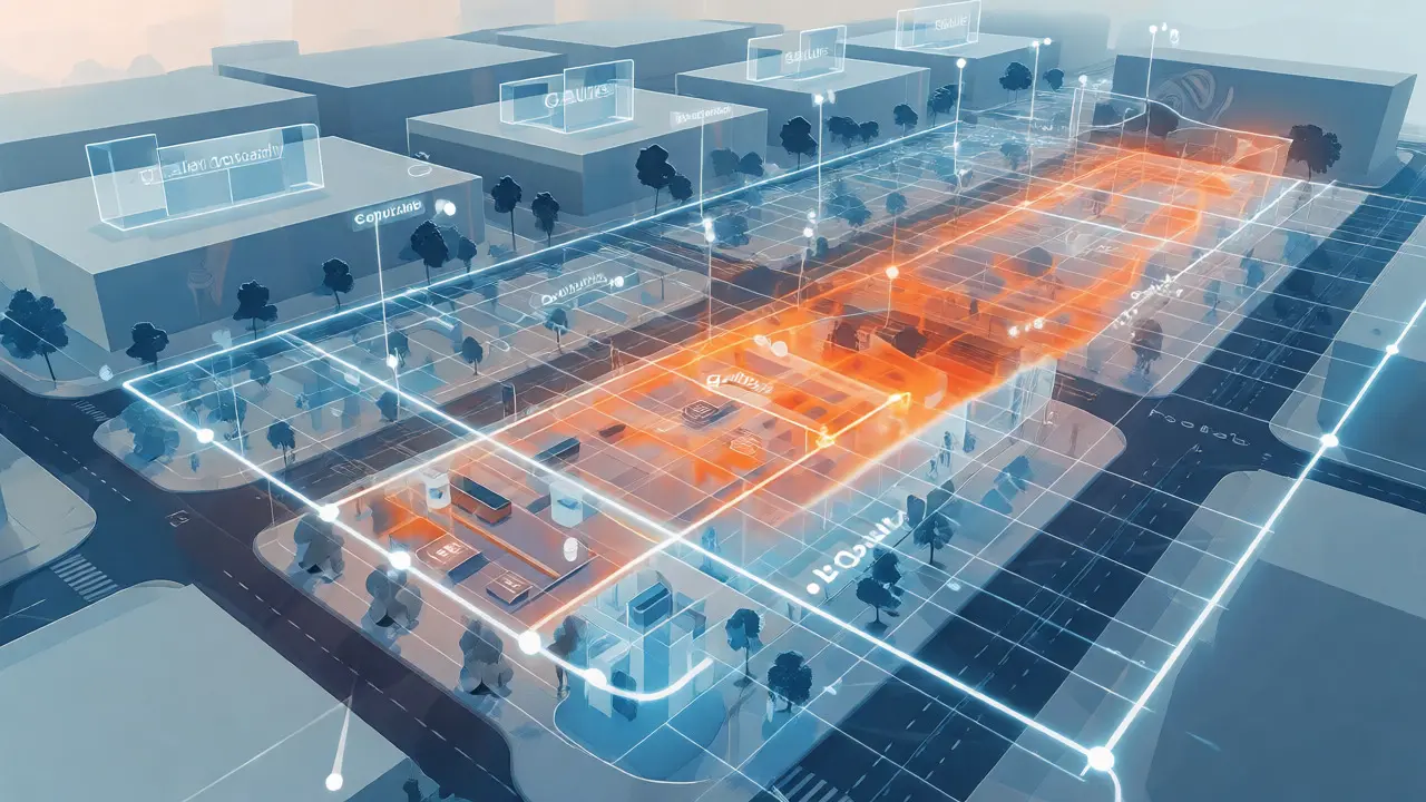 Digital visualization of walkability data layers and foot traffic heatmaps over a city block.